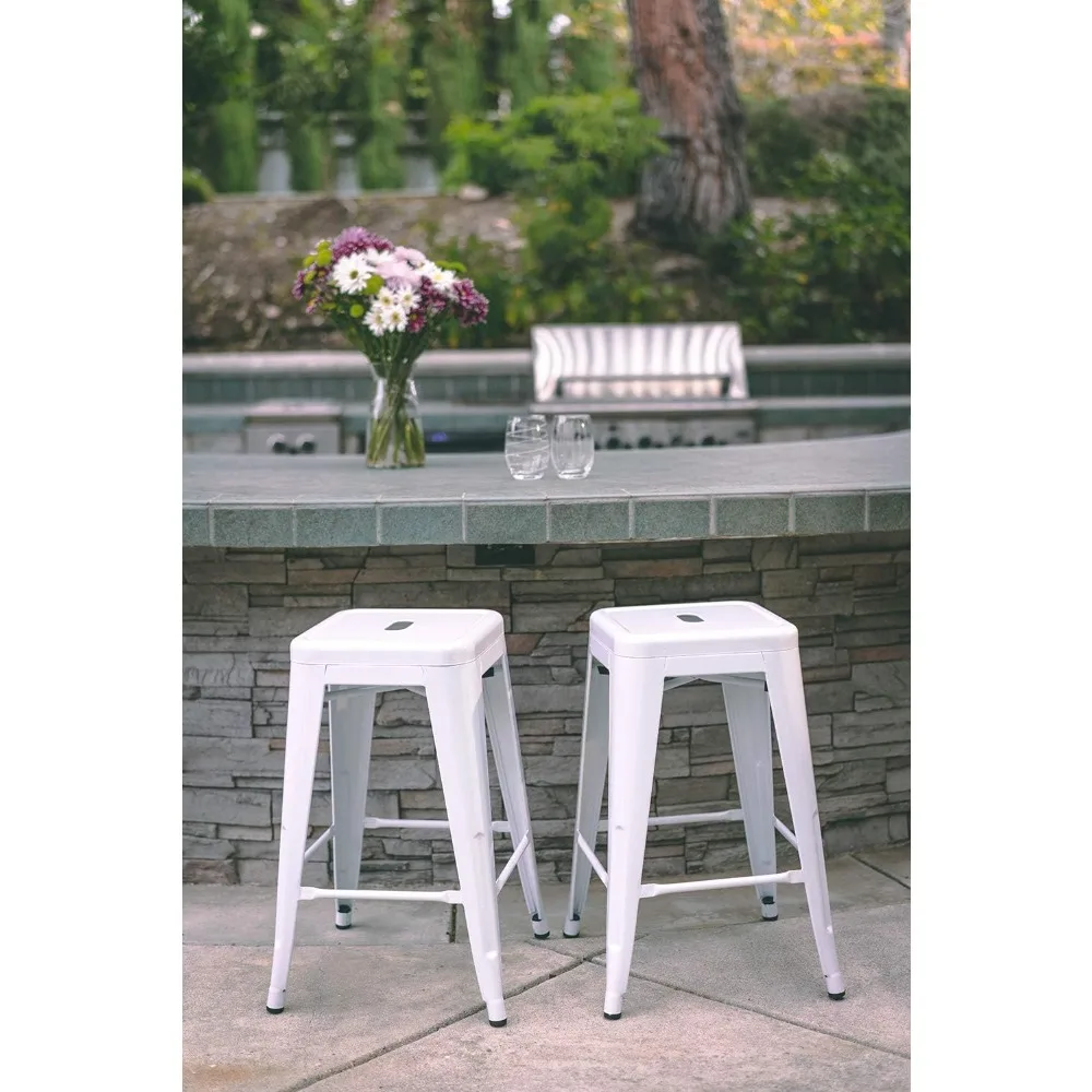 24 Inch Metal Bar Stools Set of 4, Stackable Indoor Outdoor White