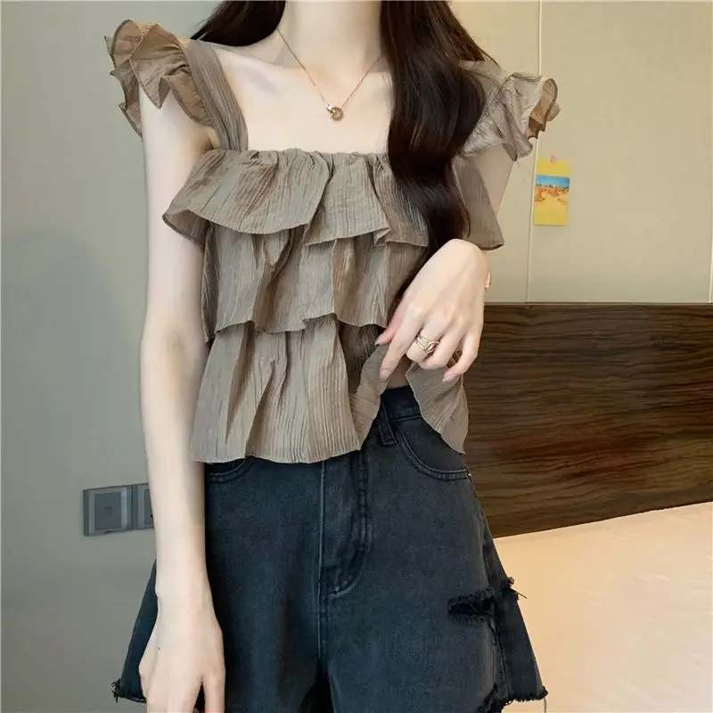 Summer New Chiffon Ruffles Short Tanks Solid Color Loose Sleeveless Patchwork Sweet T Shirt Tops Fashion Korean Women Clothing