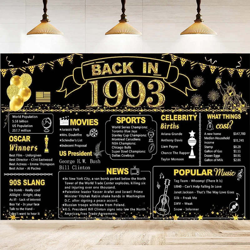 Photography Backdrop Back In 1993 30th Birthday Black Gold Banner Decoration Anniversary Poster Background Party For Women Men