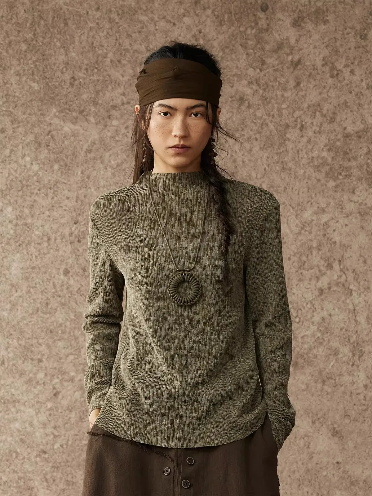 

alpw Pine Needle f High Collar Long Sve Cotton Blend Knitted Sweater Chinese Sle Plant Dyeing Eco-Friendly