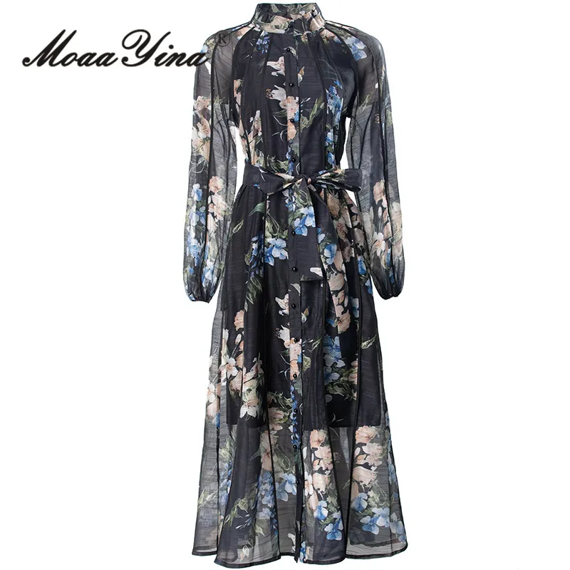 

MoaaYina Fashion Designer Summer Women's Dress Floral Print Chiffon Single Breasted Temperament Pleated Lantern Sleeve Dresses