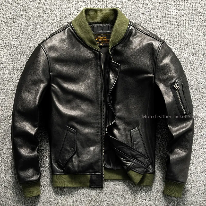 Best.Luxury American Cowhide.Classic MA-1 Bomber Leather Jacket.Fashion Men Military Style Cowhide Coat.Cool Cloth