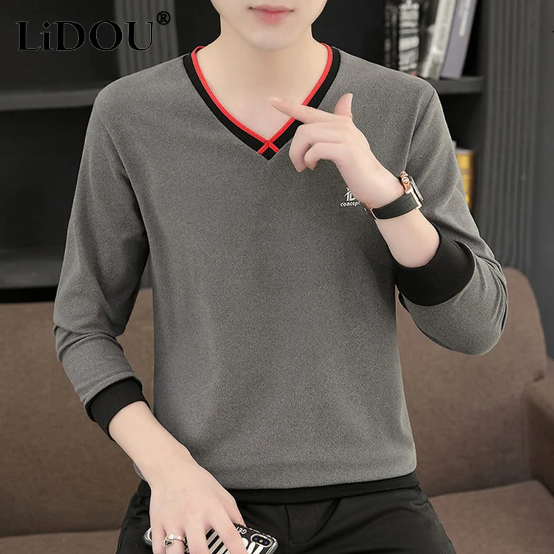 2023 autumn new fashion temperament Korean version versatile trend youth undershirt V-neck solid color warm long-sleeved top men