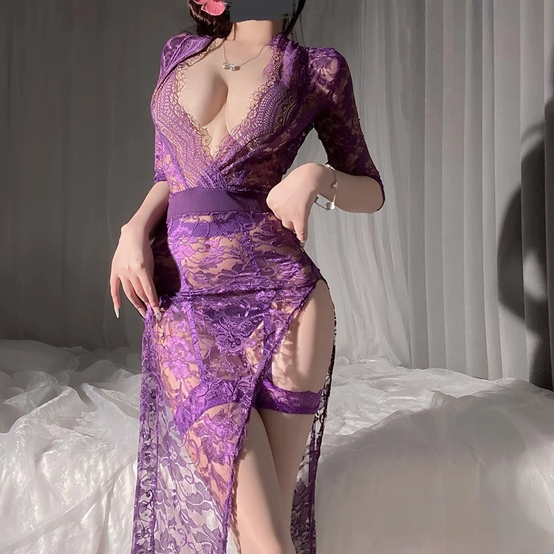 

Sexy low-cut see-through costume lace high split end erotic underwear slim-fitting empty nightdress women's ethical long dress
