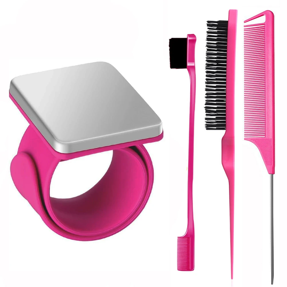 

Magnetic Wristband for Hair Stylist, 4 Pieces Hair Braiding Tool with Edge ＆Teasing Brush, Rat Tail Comb