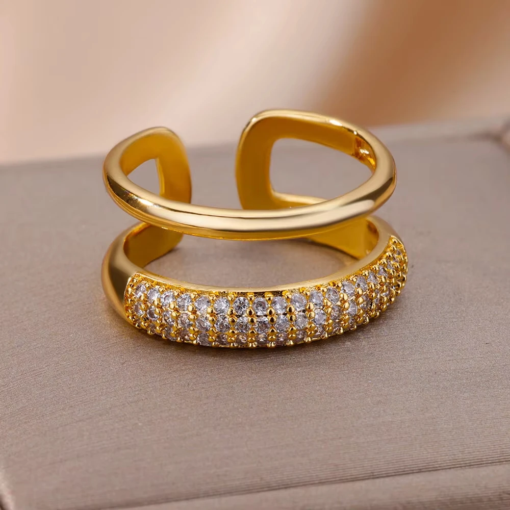 Zirkon-Doppelschicht-Ringe für Damen, goldfarben, verstellbarer Ring, Hochzeit, ästhetischer Valentinstag, Schmuck, Geschenk, Bijoux Femme
