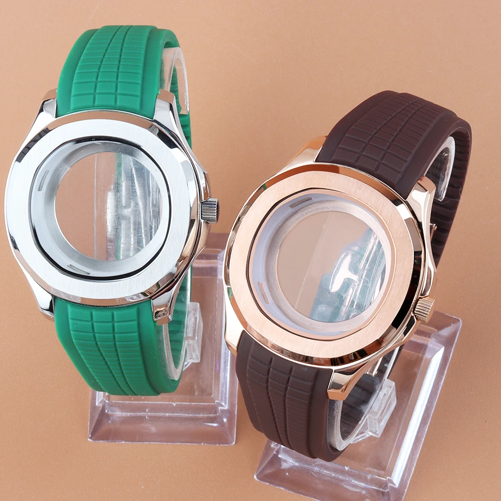 

42mm For Nautilus NH35 Case Rose Gold/Silver Waterproof 100m Watch Case Rubber Strap Fit Aquanaut NH35 NH36 Automatic Movement