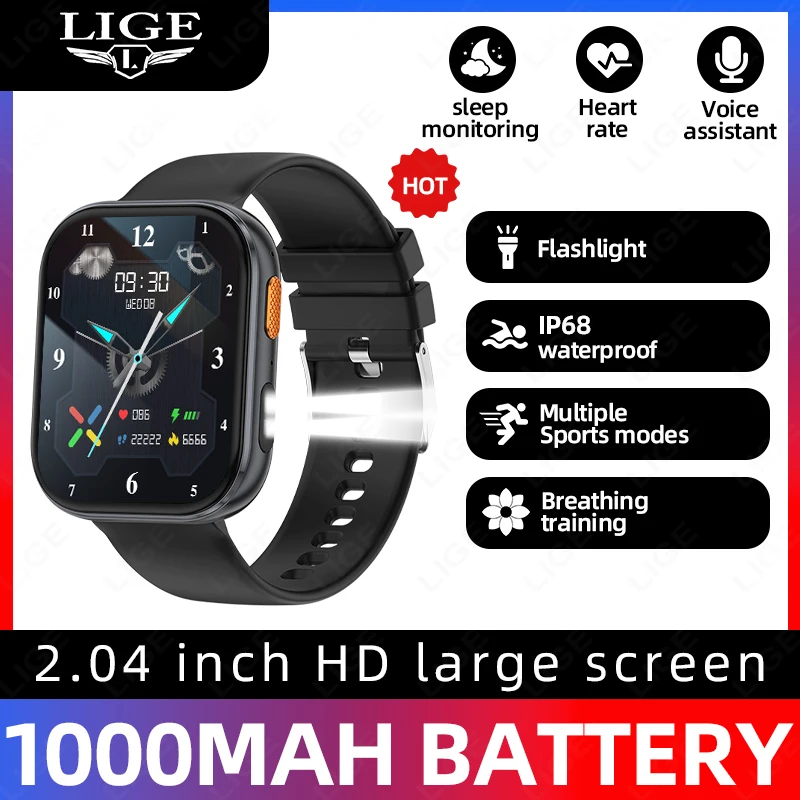 

LIGE 1000 мАч Смарт-часы с большой батареей 2,04-дюймовый дисплей Bluetooth-вызов Монитор сердечного ритма IP68 Водонепроницаемые спортивные умные часы для фитнеса