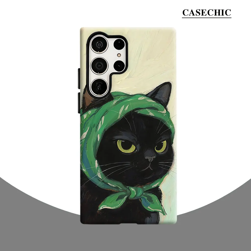 Chic Black Cat with Green Headscarf Phone Case for Samsung Galaxy S26 S25 Ultra S24 S23 Ultra Plus Shockproof Double layer Back