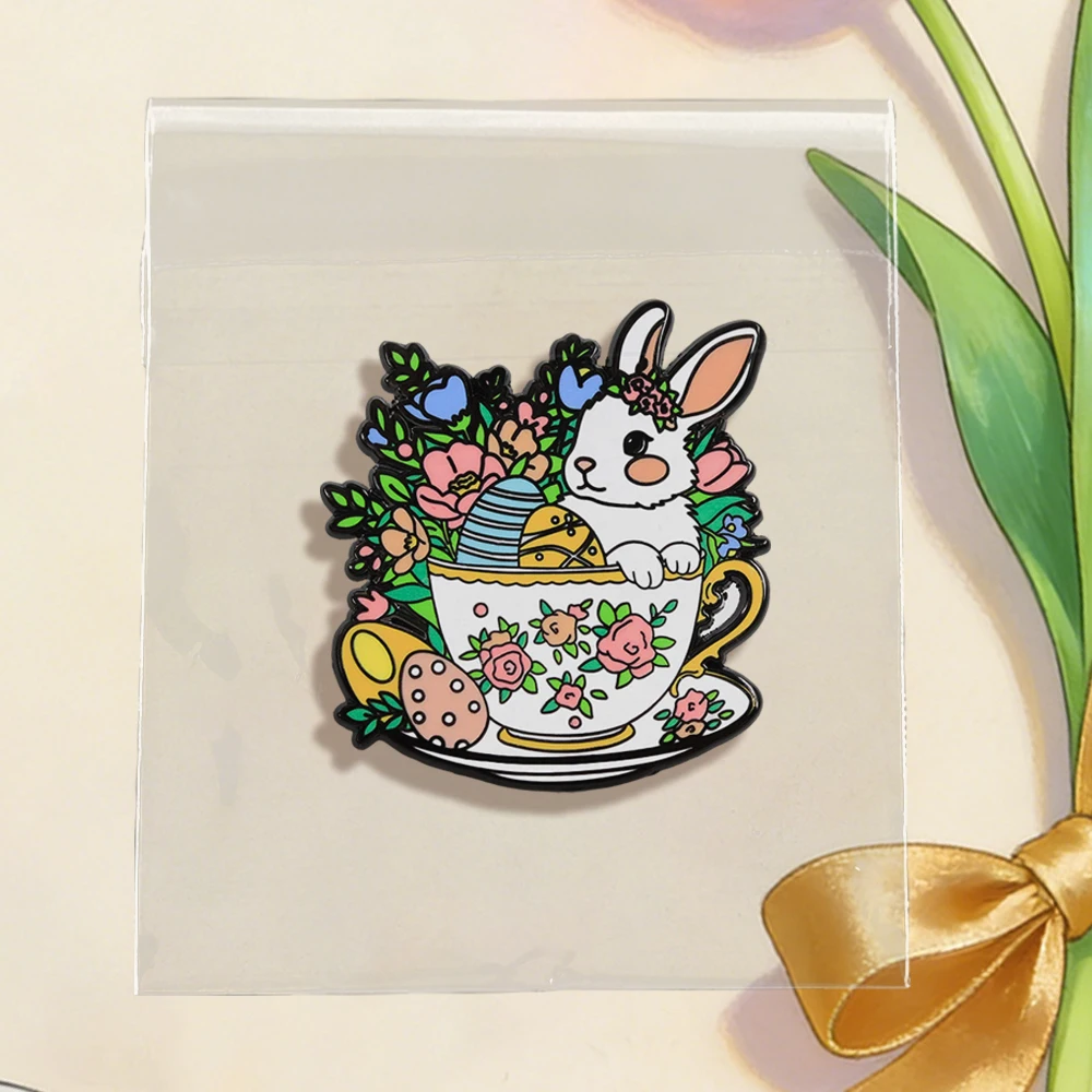 Osterhase in Blumen-Teebecher-Brosche Niedliche Pastell-Ei-Blumen-Emaille-Anstecknadel Frühlingsfest-Reversnadel Kleidungs- und Taschendekoration – Detail 9