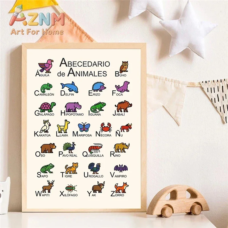 AZNM Animal Alphabet Canvas Wall Art Cartoon ABC Learning Educational Print Poster for Baby Nursery Kids Playroom Bedroom Home W