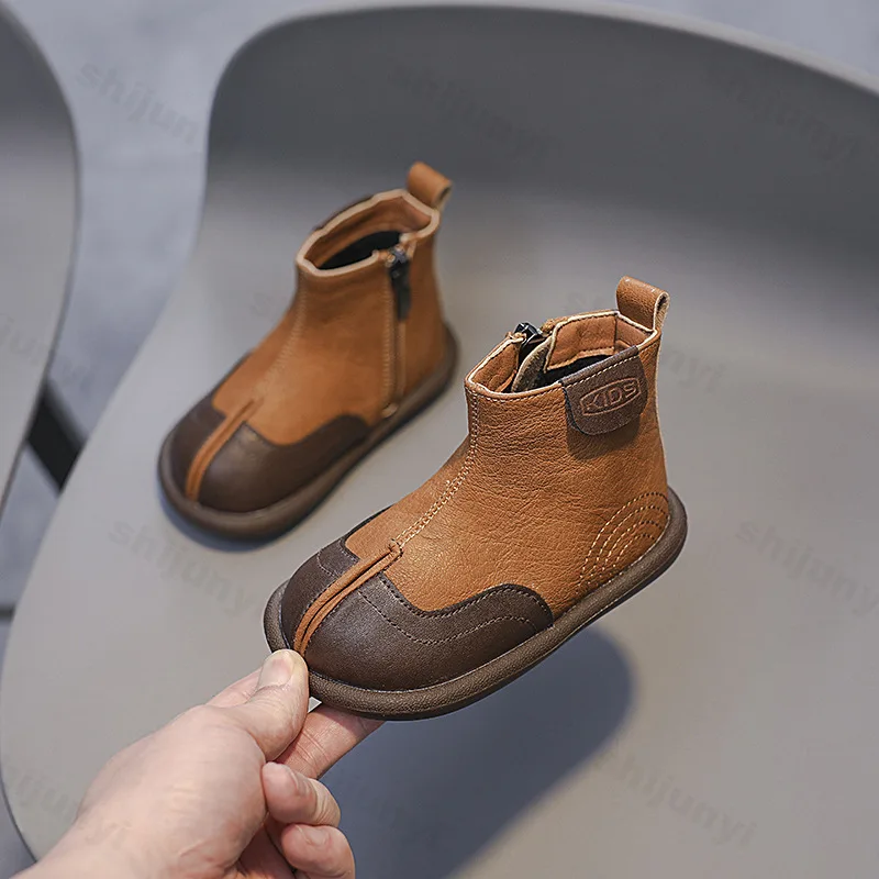 Baby Stiefeletten Retro Mode Design Kinder Flachen Boden Kurze Stiefel 2025, Herbst Winter Warme Kinder Weiche Leder Chelsea Stiefel