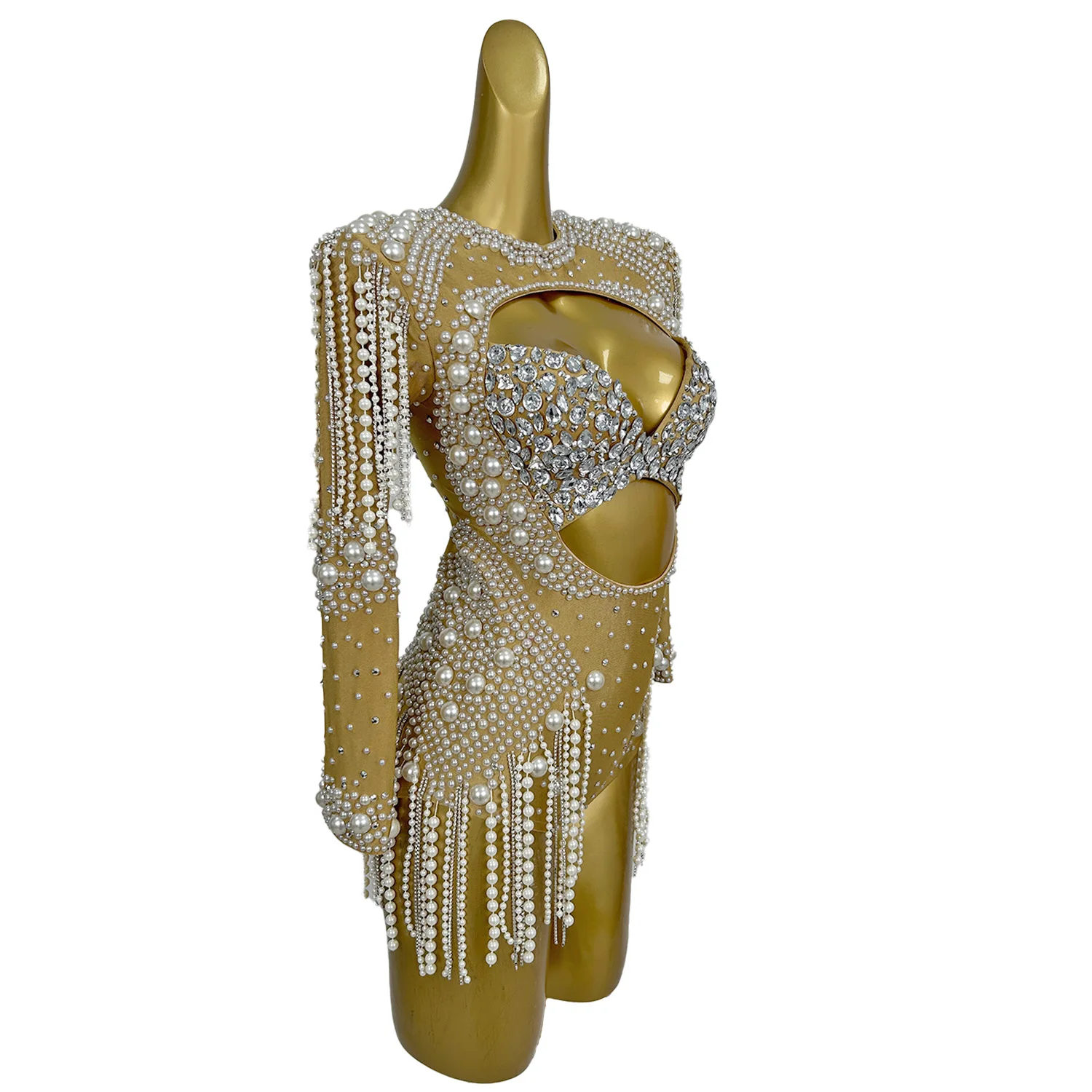 Sexy Hollowed out Pearl Chain Jumpsuit Rhinestone Strapless Leggings Girl Group Performance Costume Nightclub Dress cangxuan