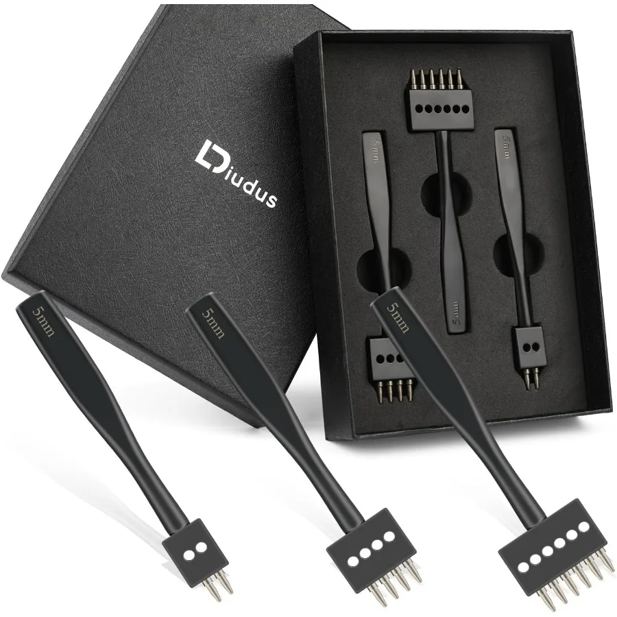 Leder-Lochstanzer, Zinkenstanzer, schwarzes Locher-Werkzeug, 5 mm, 2, 4, 6, Schnür-Nähte, runde Loch-Zinken-Nähte, Meißel-Set, Lea