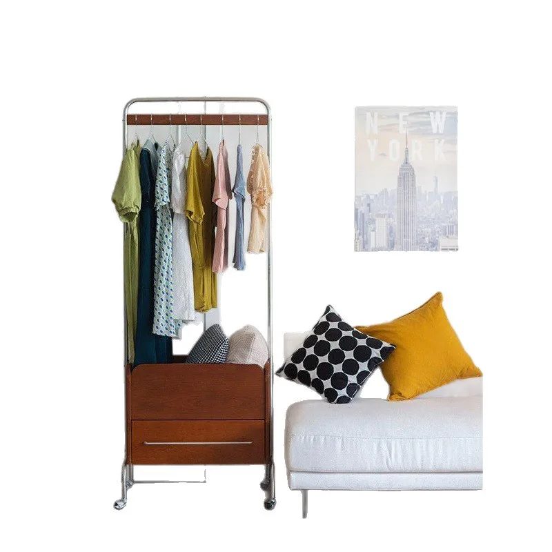 Simple floor solid wood hanger bedroom coat rack light luxury stainless steel clothing rack