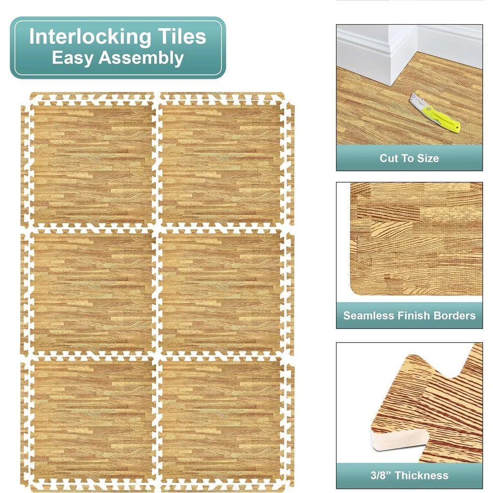 24x24 Interlocking Foam Floor Mats 12 Piece Wood Grain Cushioning Tiles Easy Install Anti-Fatigue Waterproof Home Business