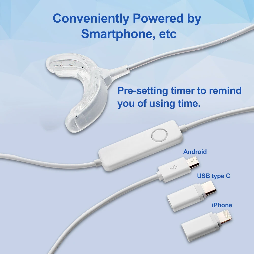 Luz de clareamento dental com bandeja bucal, 16 led, acelerador, luz azul para clareamento dental, temporizador inteligente, alimentado por usb do telefone