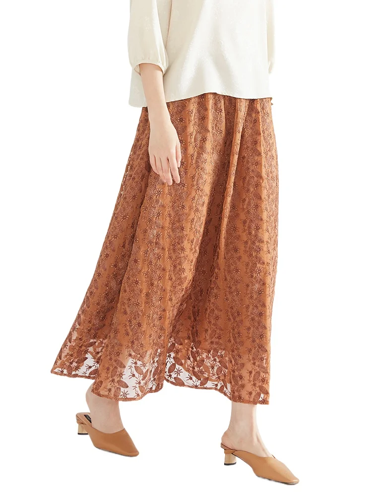 Women's Fashion Early Autumn New 100% Natural Mulberry Silk Embroidered Ochre Color Elastic Waist A-line Skirt