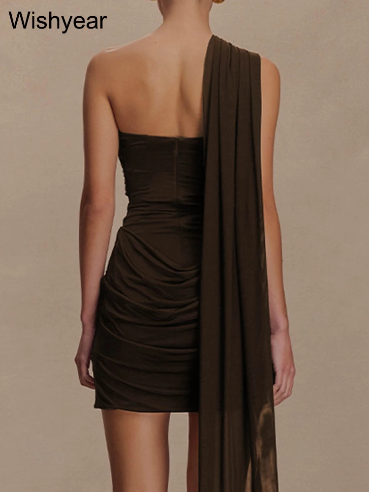 Wishyear 섹시한 오프 숄더 민소매 백 레이스 셔링 Bodycon 커피 미니 드레스 여성 우아한 저녁 파티 생일 베스 티드