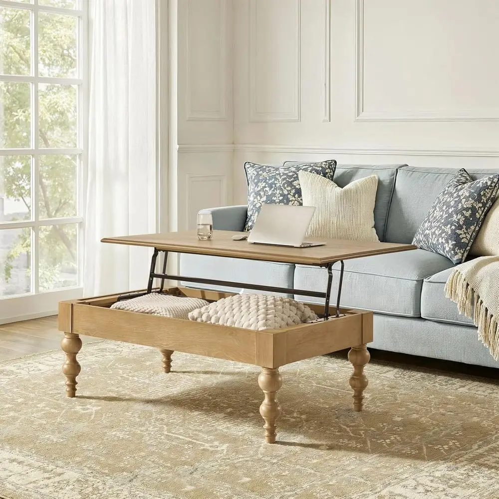 

Natural Wood Coffee Table with Storage, Gourd Legs, Convertible for Living Room