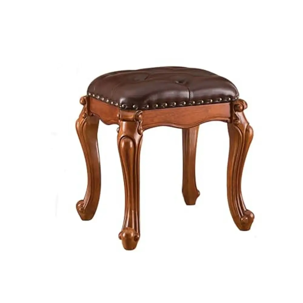 Vintage Leather Upholstered Vanity Stool Solid Wood Legs Makeup Room Dressing Bench Comfortable Soft High Gloss Breathable