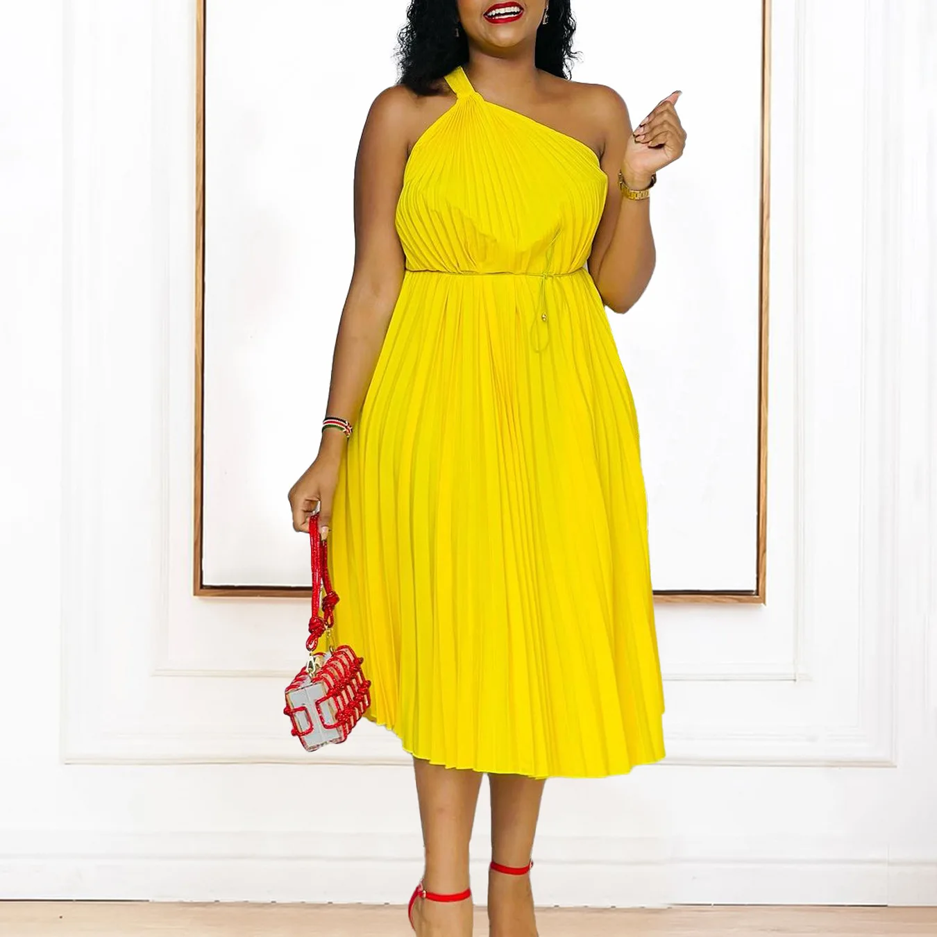 Women's 2026 Summer New Solid Color Off-Shoulder Strap A-Line Loose Pleated Dress