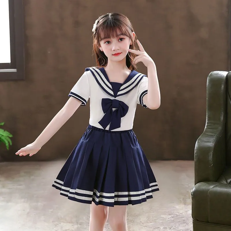 2PC 2023 SUMMER SPRING Sailor School Uniform Gilrs Jk Costumes Short Sleeve SHIRT + A-Line Pleated Skirt Suit teenager 12 year