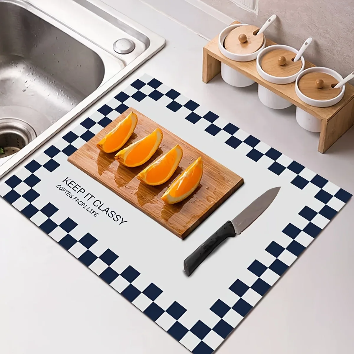Checkered Frame Dish Drying Mat Quick Dry Countertop Drain Pad for Kitchen Sink