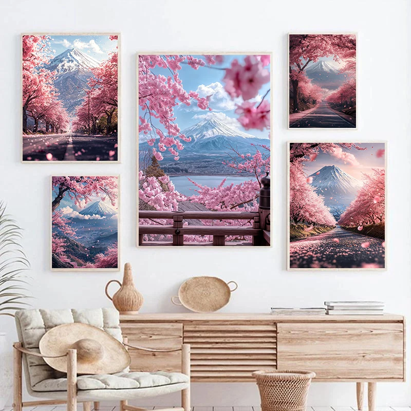 Japanese Cherry Blossoms At Mount Fuji Poster Light Pink City Asian Travel Prints Canvas Painting Wall Pictures Home Room Decor
