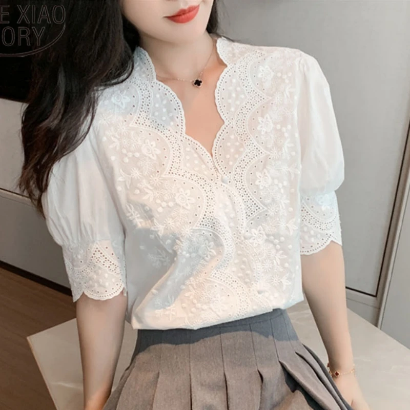 Fashion Woman Cotton Lace Embroidery Hollow Out Blouse 2024 Stylish Elegant White Shirts Vintage Blusas Half Sleeve Tops 13102