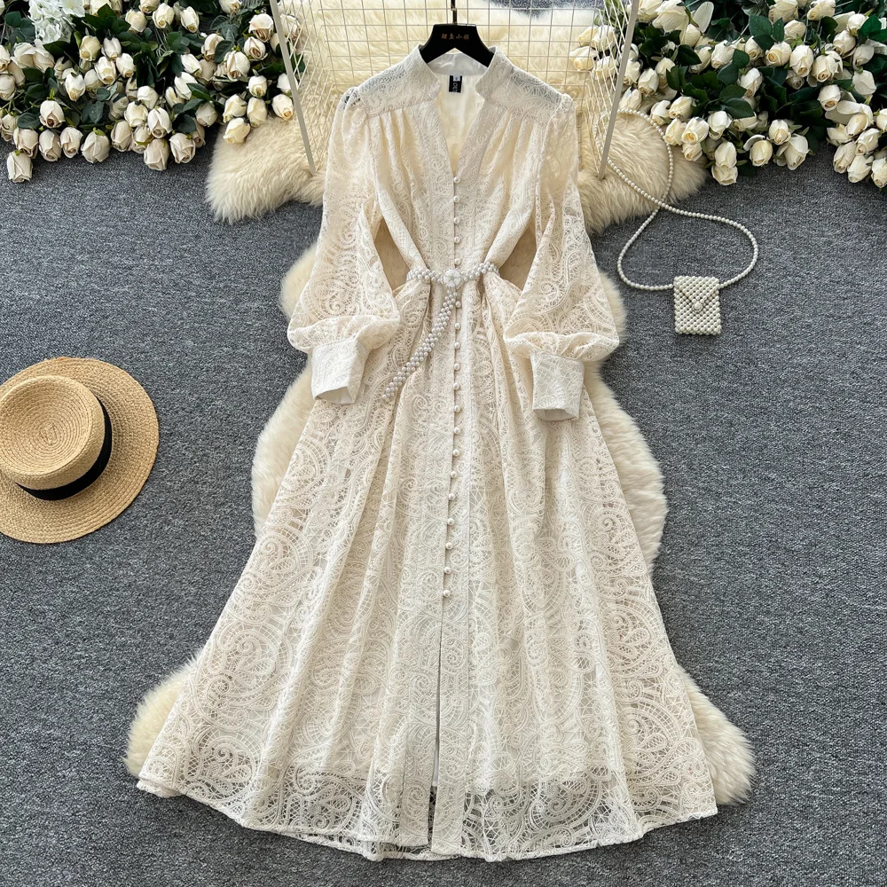 

Lace Women Solid Dresses Ankle Lenth Dress A Line Long Lantern Sleeve V Collar Waist Cinch Slim Fit Casual Elegant 2025 Autumn