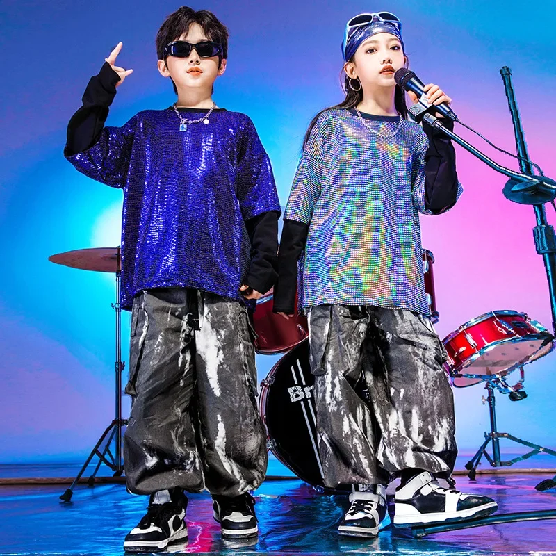 Hip Hop Kids Blue Sequined Sweatshirt Casual Tie-dye Pants Girls Jazz Dance Costumes Boys Streetwear Clothes Sets Stage Wear