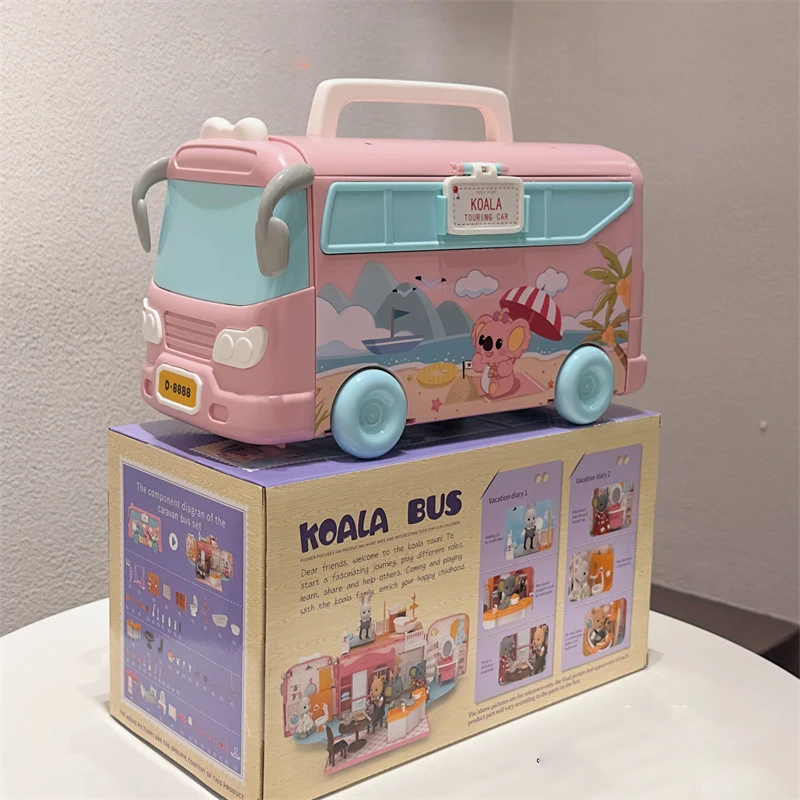 1/12 Scale Mitcien Bus Dollhouse Playset DIY Caravan Camper Car Toy Bunny Doll Animal Cottage Set Miniature Furniture Girl Gifts