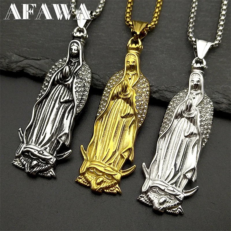 

Catholic Virgin Mary Rhinestones Pendant Necklace for Women Men Stainless Steel Gold Silver Color Guadalupe Prayer Jewelry