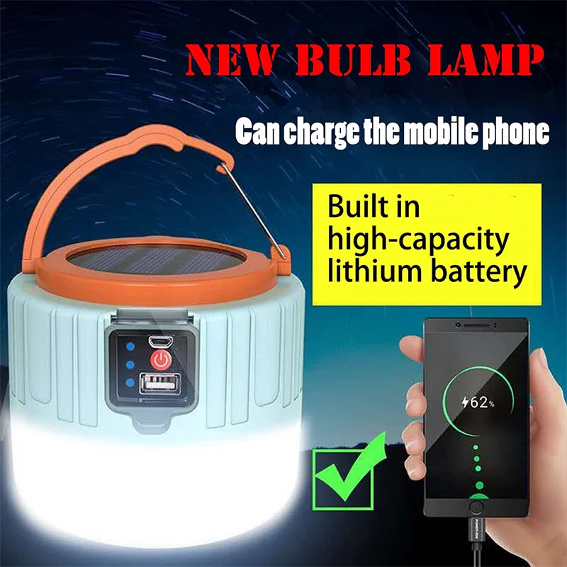 Luz LED Solar para acampada, lámpara de 800 vatios, recargable, carga Solar, superbrillante, resistente al agua, iluminación con Banco de energía
