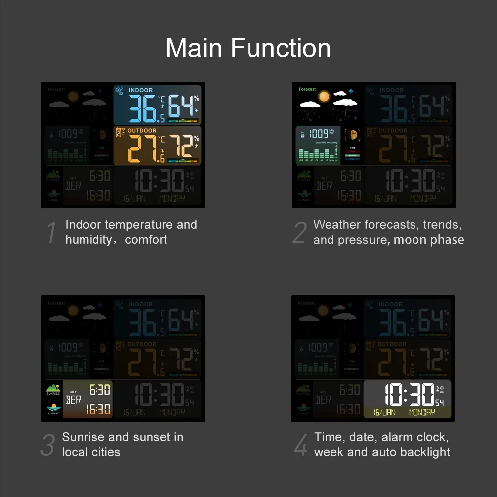 FJ3566M Smart Weather Station Indoor Outdoor Temperature Humidity Meter Gauge Large Color Screen Display with 1 Sensor