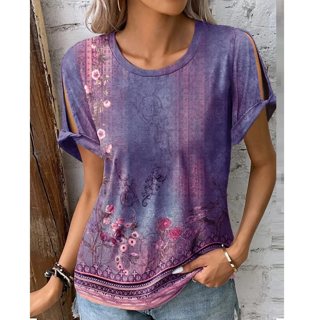 

2024 Women's Fashion O-Neck Floral Print Blouse Top Short Sleeve Casual T Shirts Blouse Femme Summer Vintage Clothes for Women