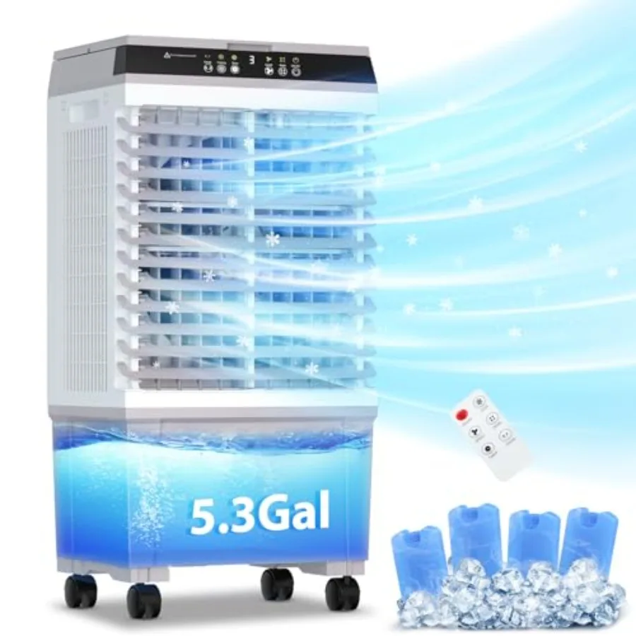 

Портативный испарительный воздухоохладитель с 4 пакетами льда для дома, спальни и офиса, 12-часовой таймер, дистанционное управление, 3 настройки скорости, 3 охлаждения