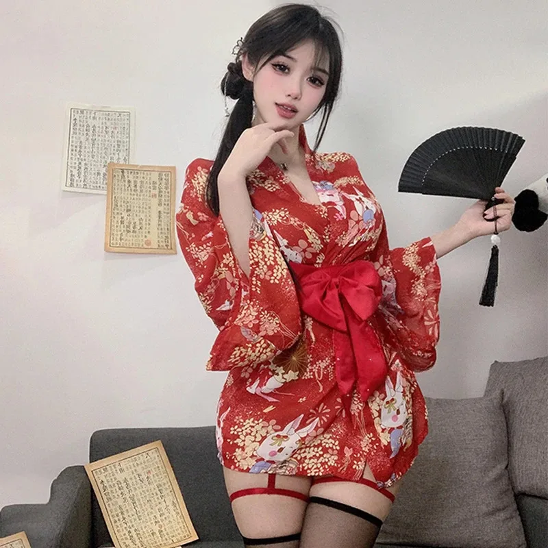 Bata tipo kimono japonesa para mujer, vestido de lencería, cárdigan Sakura, camisones sexys con lazo grande, albornoz Kawaii, ropa para el hogar con Pantya