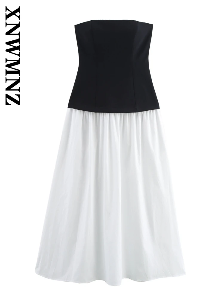

XNWMNZ 2025 Summer Woman Fashion Midi Skirt Strapless dress Sexy Female Sleeveless slash neck Collar Top Ruffles zipper Dresses