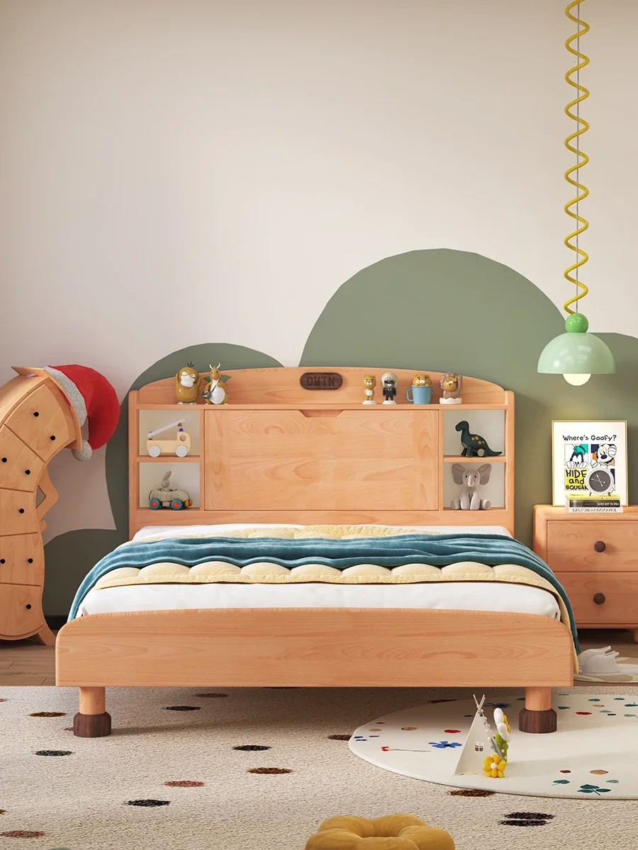 Wooden bookshelf storage for children's beds, Nordic boy, all solid wood children's single, princess, practical