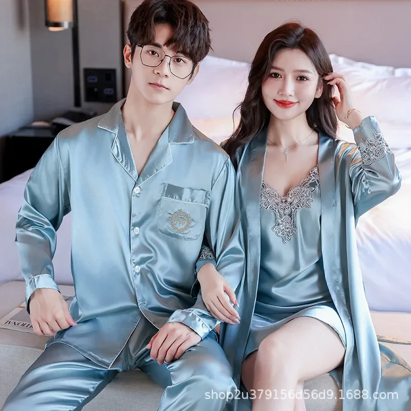 Spring Autumn Couples Pajamas Set Cute Rayon For Women Robe Sets Men Satin Sleepwear Pyjamas Suit Home Clothing Sleep