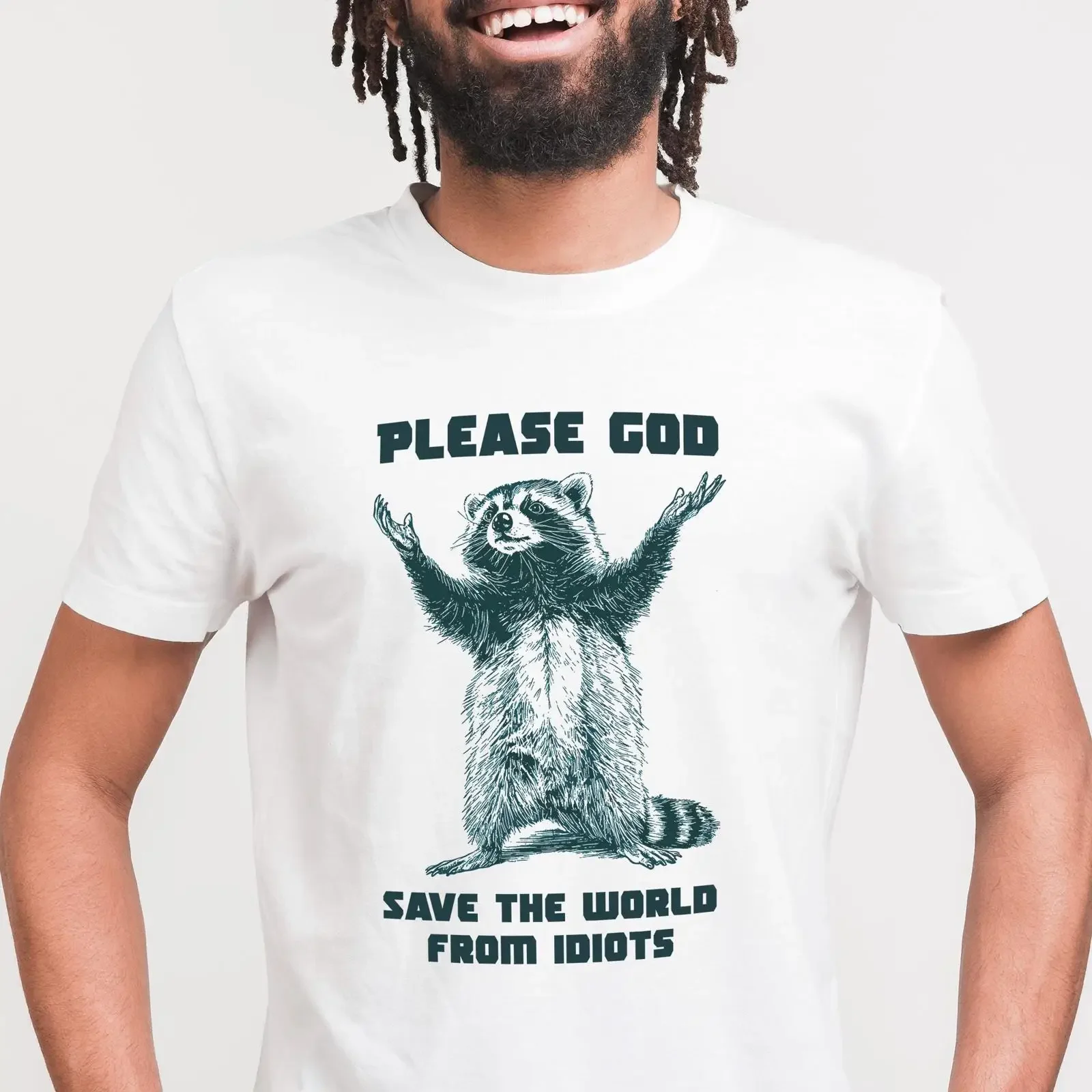 Funny Raccoon T Shirt Please God Save the World From Idiots vintage Washed fashion Soft homme Versatile Breathable graphic