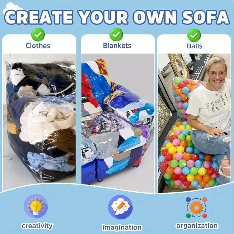 Kids Storage Stool Chair 2in1 Thickened PVC Toy Organizer Bag Transparent Seat Creative Storage Box