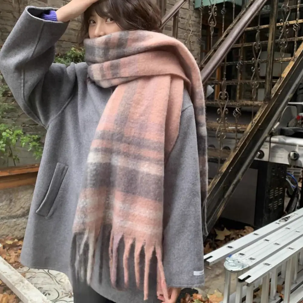 

Retro Tassel Plaid Wool Scarf Colour Matching Plush Long Shawl Cashmere Shawl Korean Style Scarves Cape Wraps Girl