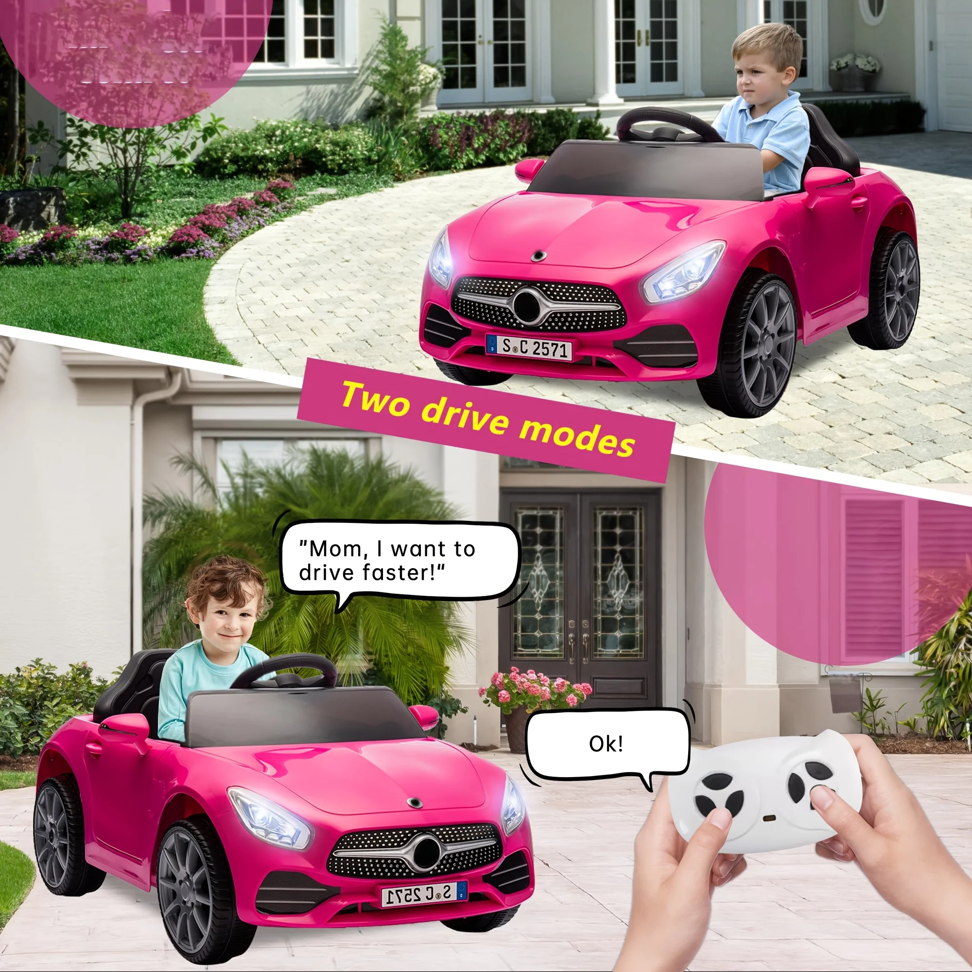 Ride-on per bambini 12V, sospensione a 4 ruote, display motorizzato, musica, controllo del volume, MP3, USB, per bambini dai 3 anni