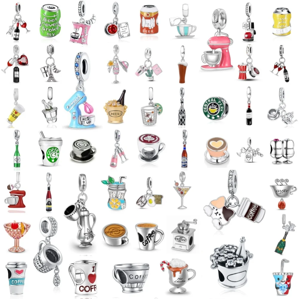 Breloques en argent 925 sur le thème des boissons : tasse à café, perles, verre à vin, pot à café, pendentif. Compatibles avec les bracelets originaux. Accessoires de bijoux DIY pour femmes.