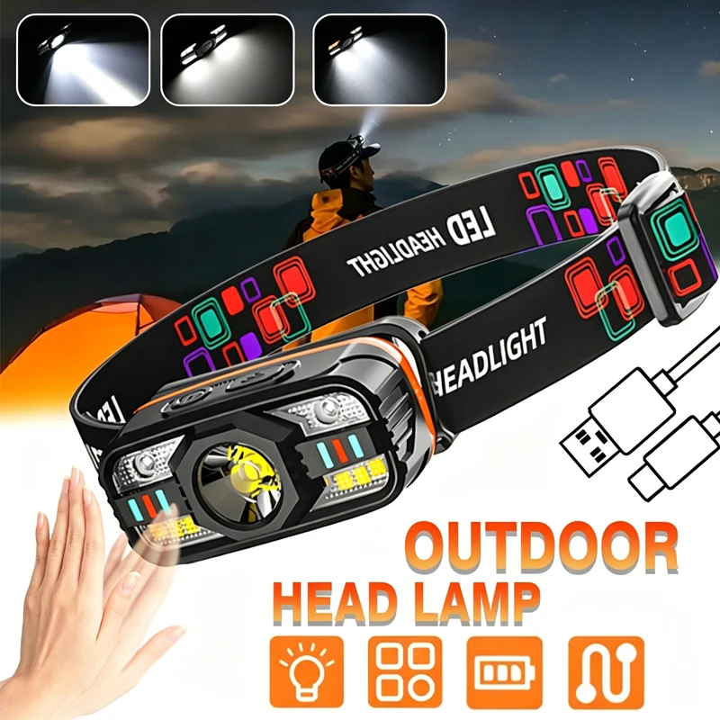 Powerful LED Headlight Handfress Motion Sensor Headlamp Head Lamp 6 Modes COB Flashlight Torch Head Light for Outdoor Camping