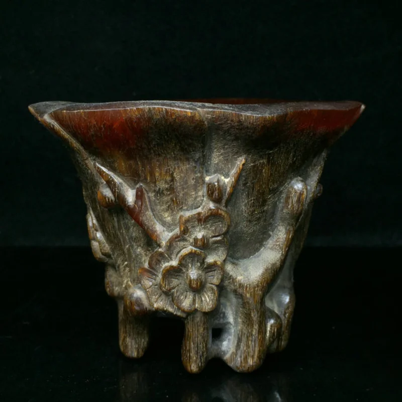 Tibetan old cow horn cup ornament original horn hand-carved plum blossom cup retro Year of the Tiger home old Tibetan decoration