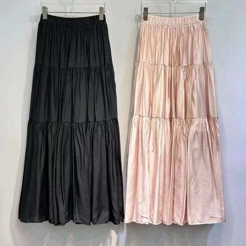 New Arrival 2025 Spring Summer Long Skirts High Quality Ladies Elastic Waist Sweet Pink Black Maxi Long Pleated Skirt Clothing